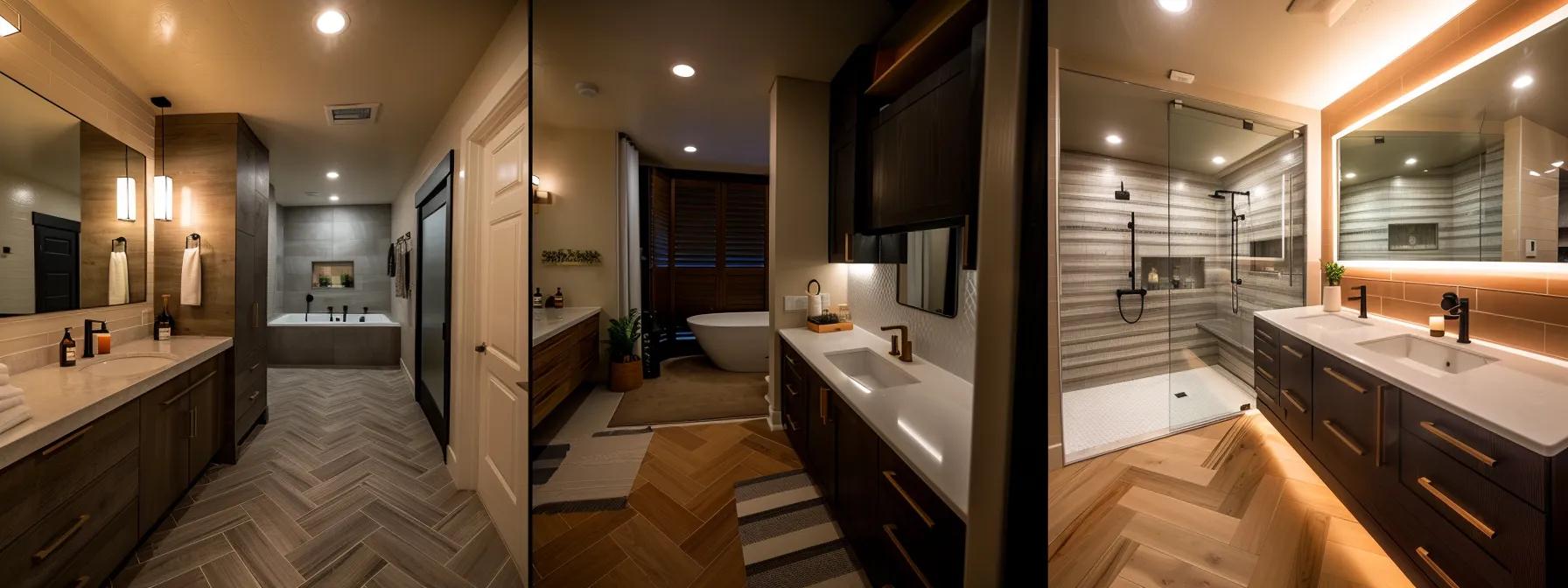 a modern utah bathroom remodel showcases a spacious layout with sleek, high-end fixtures and a sophisticated color palette that emphasizes clean lines and contemporary design, illuminated by soft, ambient lighting. a modern utah bathroom remodel showcases a spacious layout with sleek, high-end fixtures and a sophisticated color palette that emphasizes clean lines and contemporary design, illuminated by soft, ambient lighting.