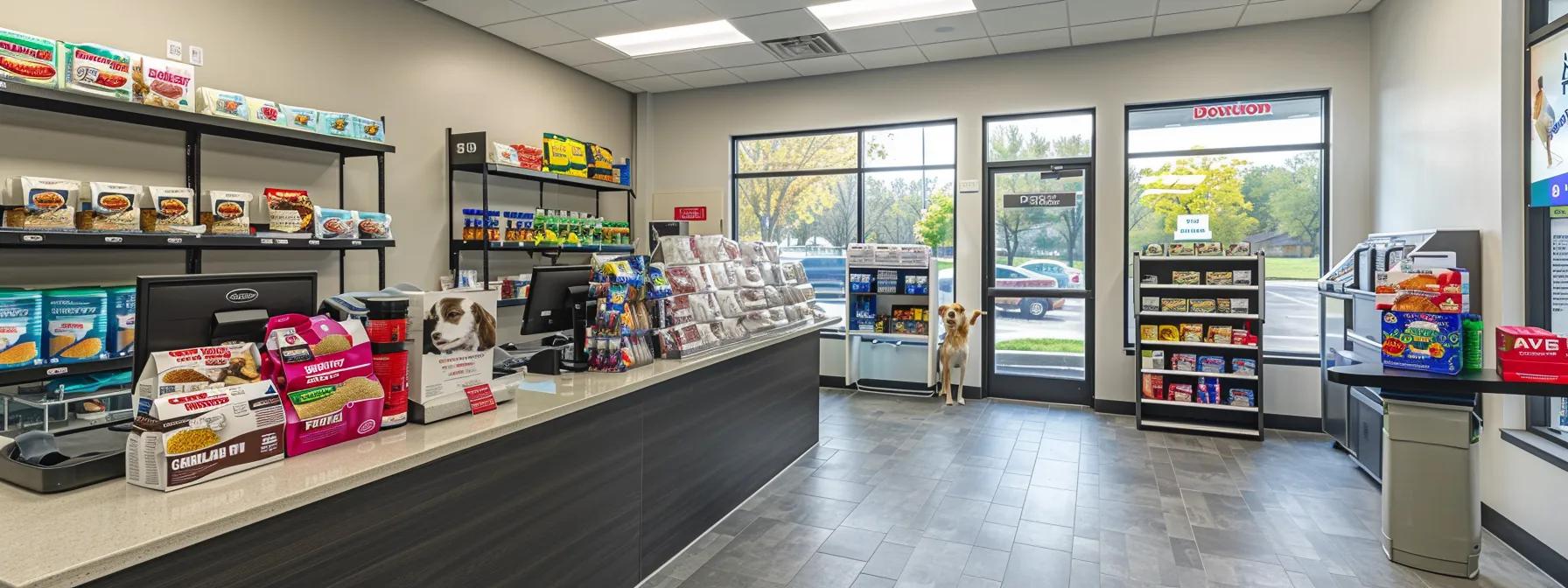 a modern veterinarian's office showcases an inviting display of various brands of wet dog food, emphasizing informational posters that debunk common myths about its benefits, with a sleek countertop and bright, clinical lighting setting a professional tone. a modern veterinarian's office showcases an inviting display of various brands of wet dog food, emphasizing informational posters that debunk common myths about its benefits, with a sleek countertop and bright, clinical lighting setting a professional tone.