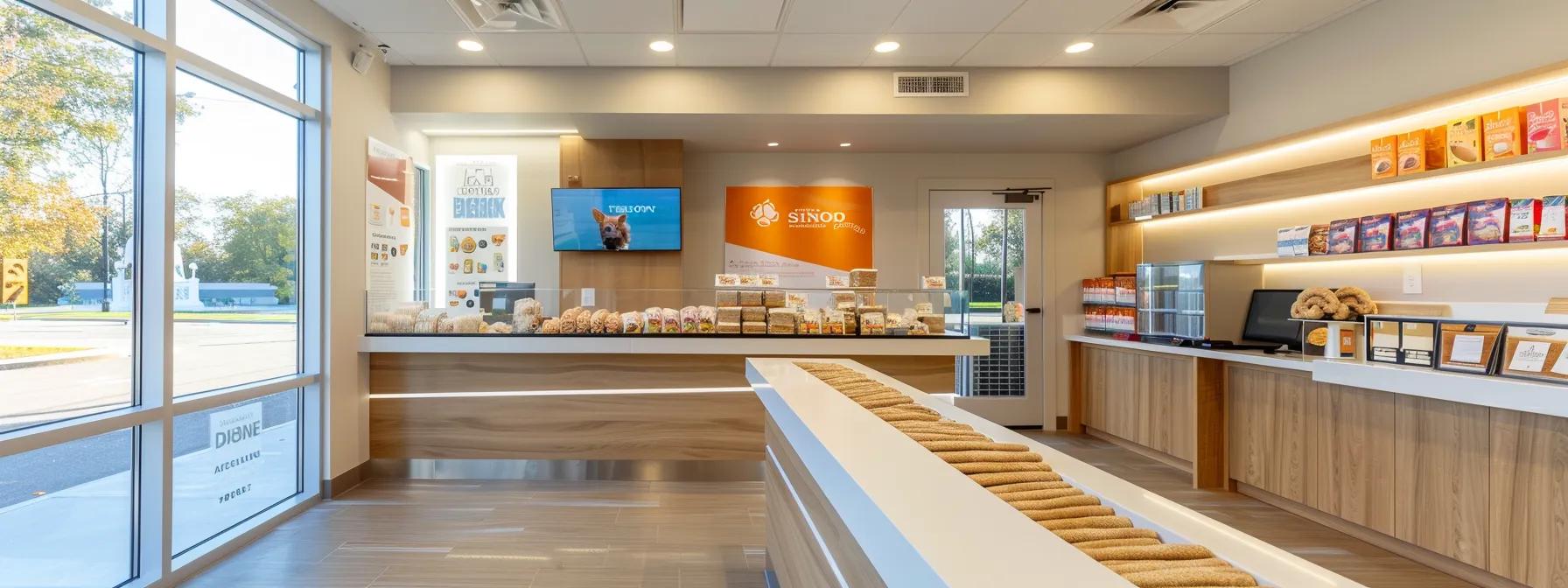 a modern veterinary clinic interior, highlighted by a sleek countertop displaying rawhide and bully stick dog treats, captures the essence of canine digestive health in a bright, sterile environment with informative posters about digestibility factors on the walls. a modern veterinary clinic interior, highlighted by a sleek countertop displaying rawhide and bully stick dog treats, captures the essence of canine digestive health in a bright, sterile environment with informative posters about digestibility factors on the walls.