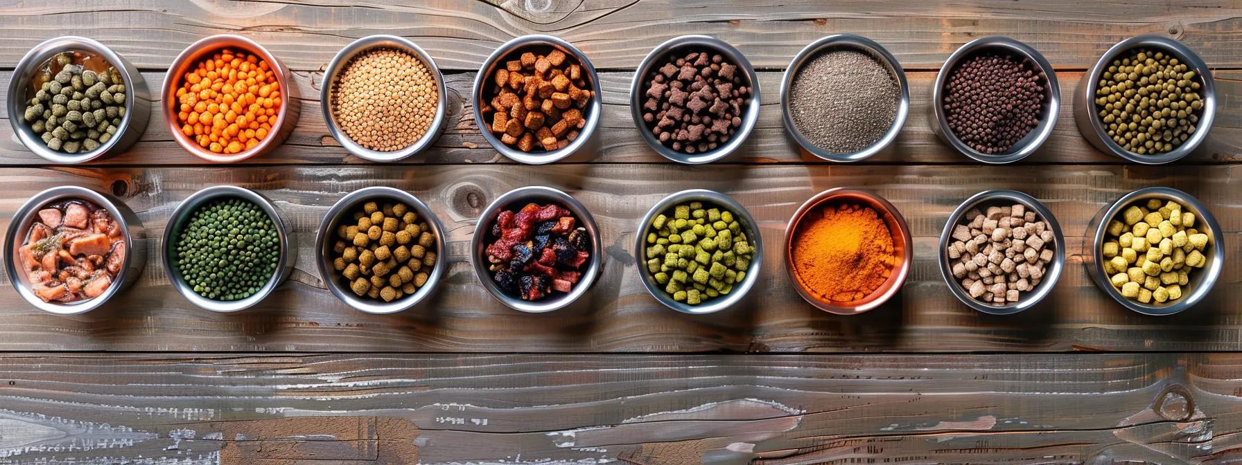 a modern veterinary clinic kitchen, featuring neatly arranged bowls of raw dog food ingredients tailored for puppies, adults, and seniors, highlighting various textures and colors that represent the specific nutritional needs of different breeds and life stages. a modern veterinary clinic kitchen, featuring neatly arranged bowls of raw dog food ingredients tailored for puppies, adults, and seniors, highlighting various textures and colors that represent the specific nutritional needs of different breeds and life stages.