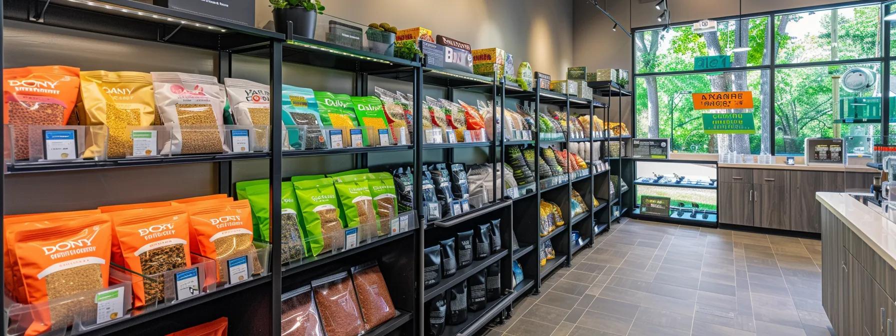 a modern veterinary clinic showcases a vibrant display of freeze-dried dog food packages, emphasizing their nutritional benefits for dogs with allergies, under bright, clinical lighting.