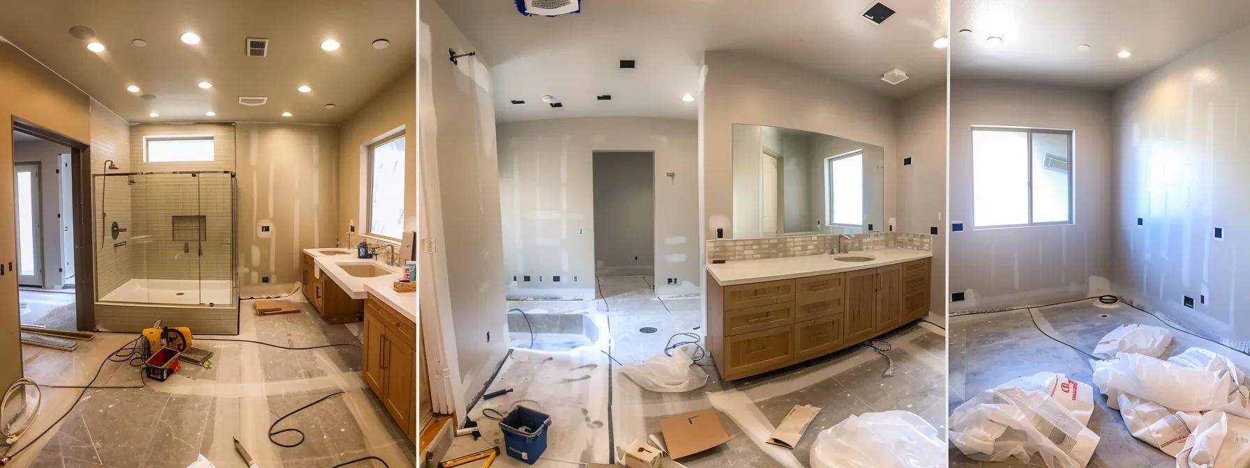 a modern, well-lit bathroom remodel scene in a clean, spacious utah home showcasing sleek, high-quality fixtures and precise tile work, emphasizing the intricate details of cabinetry installation and the organized workspace of skilled professionals at work. a modern, well-lit bathroom remodel scene in a clean, spacious utah home showcasing sleek, high-quality fixtures and precise tile work, emphasizing the intricate details of cabinetry installation and the organized workspace of skilled professionals at work.