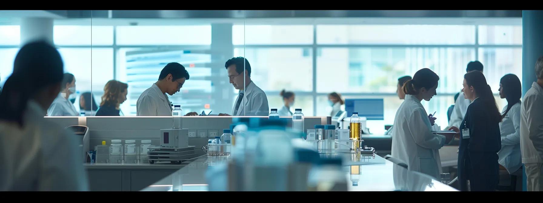 a modern, well-lit medical office is bustling with healthcare professionals engaged in a collaborative discussion over allergy testing methods, surrounded by advanced diagnostic equipment and informative charts.
