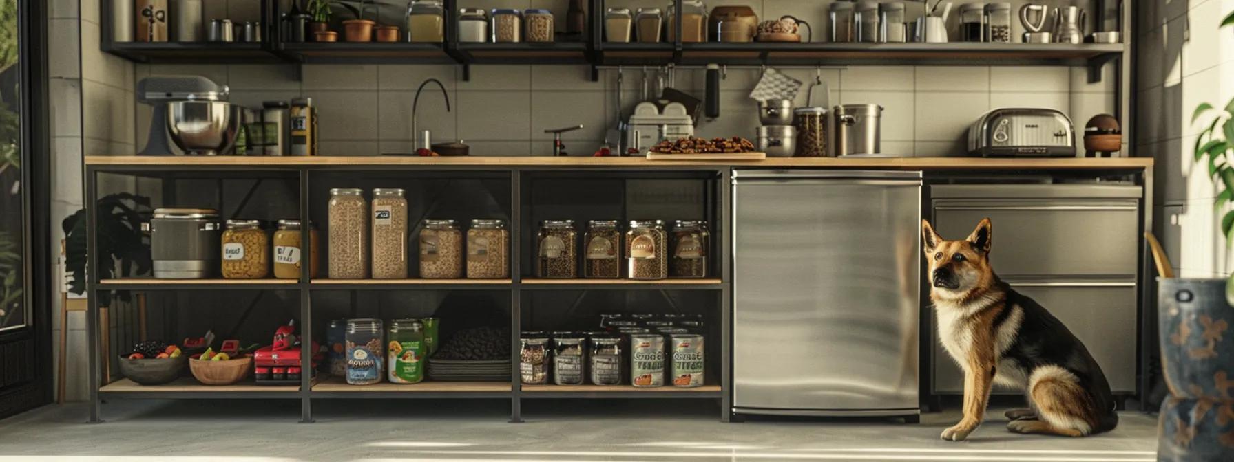a modern, well-organized kitchen featuring an array of dog food brands, including dry kibble and wet food cans, with a friendly dog eagerly waiting beside an open cupboard, symbolizing the careful selection process based on its unique dietary needs.