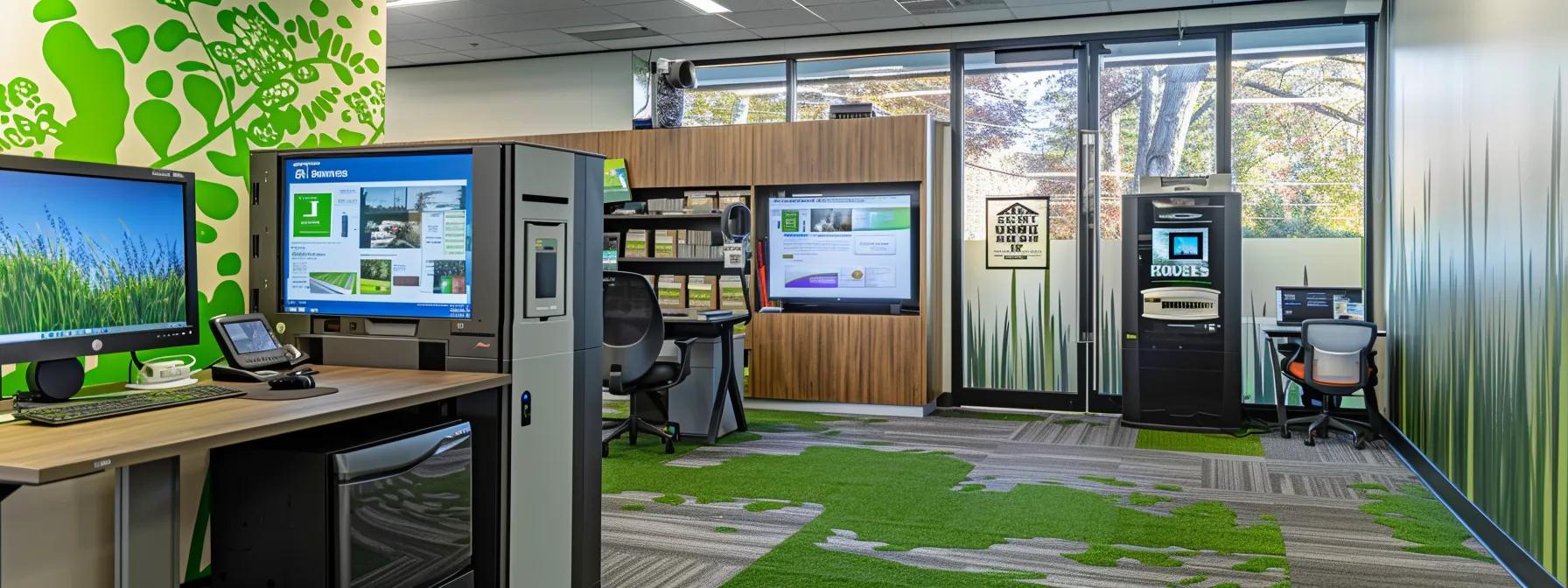 a modern, well-organized office with a sleek workstation displaying digital lawn care technology, vibrant lawn health graphics on the walls, and a radiant green turf sample showcased prominently, illustrating a commitment to sustainable lawn maintenance practices.