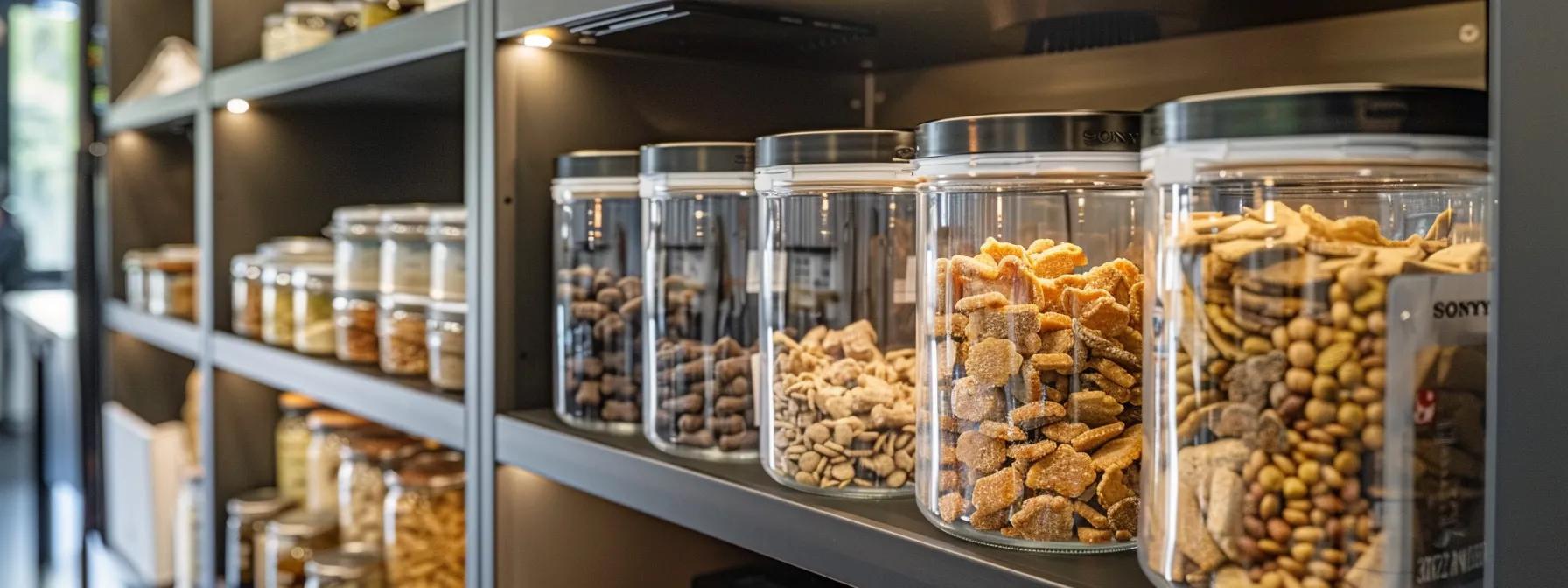a modern, well-organized kitchen featuring neatly stored freeze-dried dog treats in transparent containers, emphasizing proper storage techniques to avoid common mistakes and ensure pet safety. a modern, well-organized kitchen featuring neatly stored freeze-dried dog treats in transparent containers, emphasizing proper storage techniques to avoid common mistakes and ensure pet safety.