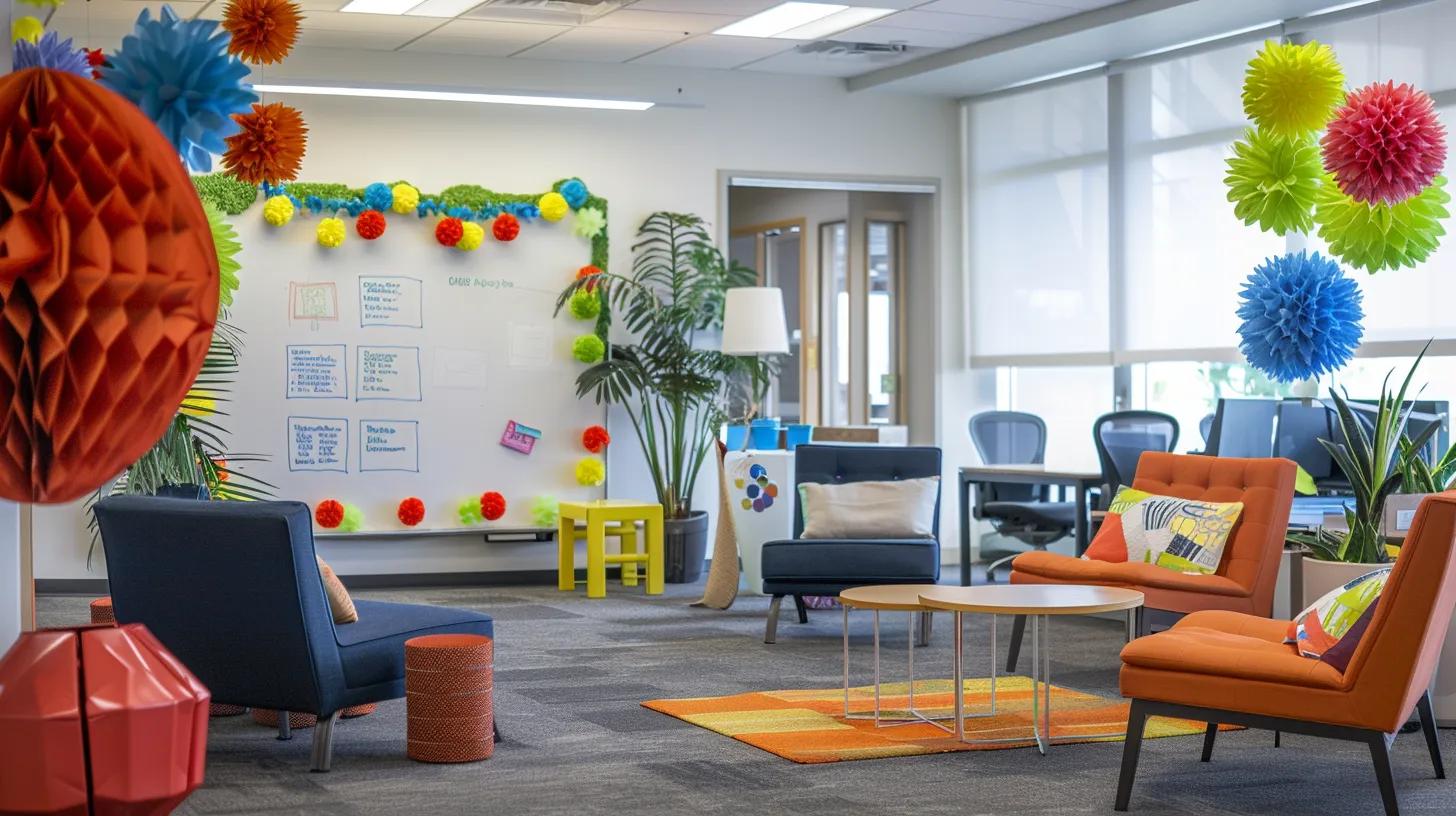 a modern, well-organized office space filled with vibrant decorations and a large whiteboard displaying notes from a recent memorial day celebration, showcasing a blend of reflective moments and brainstorming ideas for future gatherings.
