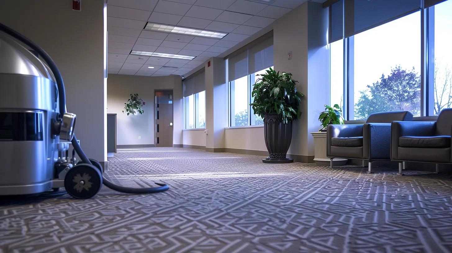 a modern, well-lit office space showcases a professional carpet cleaning service in action, featuring advanced cleaning equipment and a satisfied customer observing the thorough deep cleaning of plush, patterned carpets.