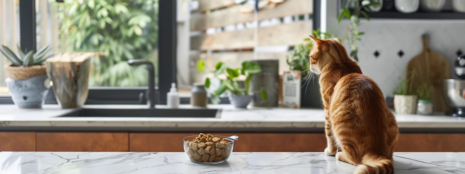 a modern, well-lit kitchen showcases a sleek marble countertop with a stylishly arranged display of freeze-dried raw cat food, while a curious cat watches intently, highlighting the transition from kibble to a healthier diet. a modern, well-lit kitchen showcases a sleek marble countertop with a stylishly arranged display of freeze-dried raw cat food, while a curious cat watches intently, highlighting the transition from kibble to a healthier diet.