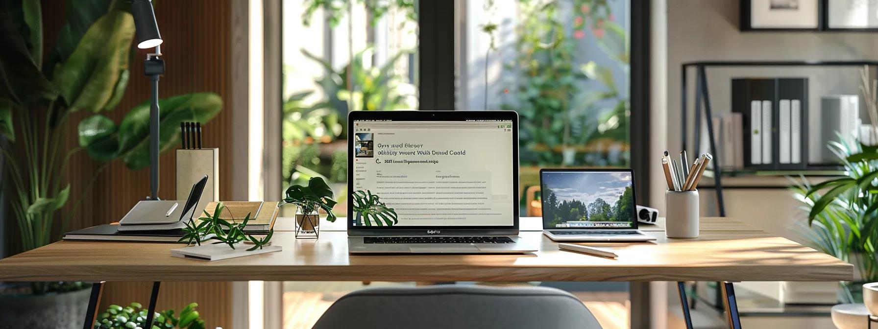 a modern, well-lit office workspace features a sleek desk adorned with an open laptop displaying an online guide to hardwood floor maintenance, a tablet showcasing product reviews, and an inviting atmosphere reflecting trust and professionalism in home care. a modern, well-lit office workspace features a sleek desk adorned with an open laptop displaying an online guide to hardwood floor maintenance, a tablet showcasing product reviews, and an inviting atmosphere reflecting trust and professionalism in home care.