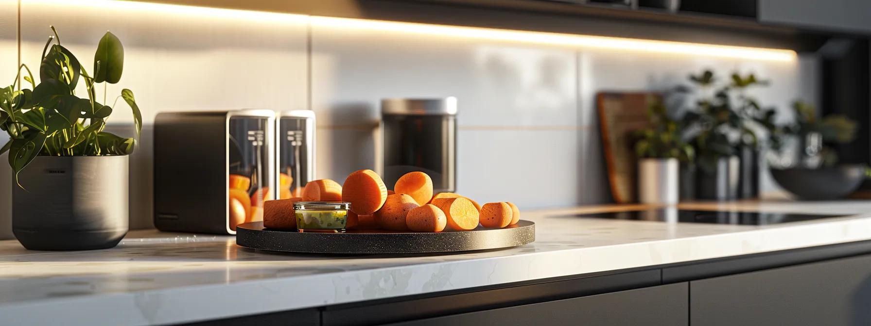 a modern, well-lit kitchen counter displays an artistic arrangement of hypoallergenic dog treat ingredients, featuring vibrant sweet potatoes and fresh salmon, all set against sleek, minimalist kitchenware to emphasize nutritional purity and health. a modern, well-lit kitchen counter displays an artistic arrangement of hypoallergenic dog treat ingredients, featuring vibrant sweet potatoes and fresh salmon, all set against sleek, minimalist kitchenware to emphasize nutritional purity and health.
