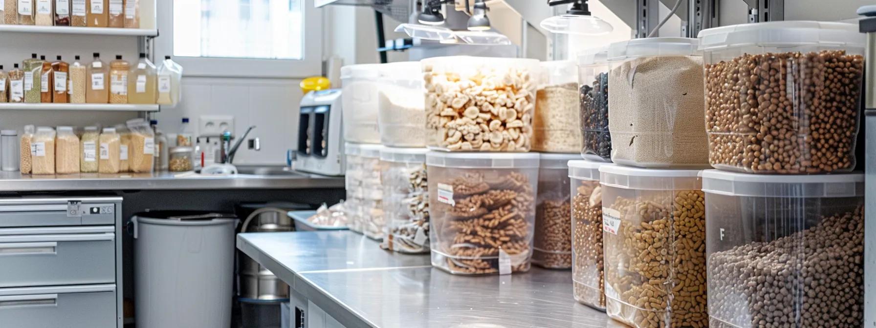 a modern, well-organized kitchen workspace features vacuum-sealed containers clearly labeled for freeze-dried dog treats, accompanied by humidity indicators and desiccant packs, all under bright, artificial lighting that highlights the meticulous arrangement designed to prevent mold and moisture damage. a modern, well-organized kitchen workspace features vacuum-sealed containers clearly labeled for freeze-dried dog treats, accompanied by humidity indicators and desiccant packs, all under bright, artificial lighting that highlights the meticulous arrangement designed to prevent mold and moisture damage.