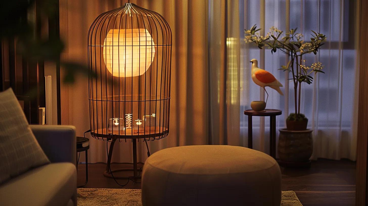 a modern, well-lit indoor birdcage setup showcases a meticulously arranged lighting installation, featuring a sleek lamp with a diffuser positioned above the cage, emphasizing the optimal placement while showcasing the vibrant interior of the cage. a modern, well-lit indoor birdcage setup showcases a meticulously arranged lighting installation, featuring a sleek lamp with a diffuser positioned above the cage, emphasizing the optimal placement while showcasing the vibrant interior of the cage.