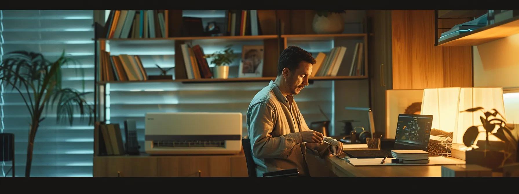 a modern, well-lit home office scene showcases a technician inspecting a sleek air conditioning unit while checking digital gauges, emphasizing the importance of routine maintenance for efficiency and reliable performance.