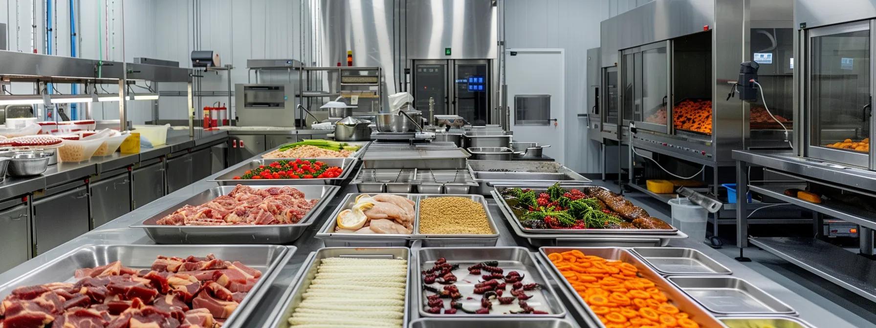 a modern, well-organized pet food manufacturing facility showcases a vibrant array of raw ingredients, highlighting various meats, organ cuts, and colorful vegetables meticulously arranged on sleek stainless steel surfaces, emphasizing the theme of nutrition and health for dogs. a modern, well-organized pet food manufacturing facility showcases a vibrant array of raw ingredients, highlighting various meats, organ cuts, and colorful vegetables meticulously arranged on sleek stainless steel surfaces, emphasizing the theme of nutrition and health for dogs.
