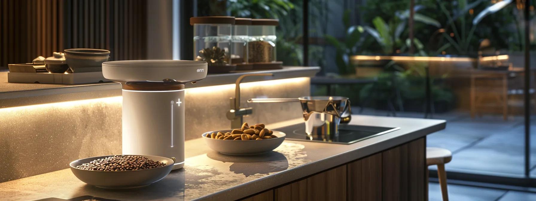a modern, well-lit kitchen adorned with bowls of premium wet and dry cat food, accompanied by a sleek water dispenser, reflects a nurturing environment for maintaining a cat’s digestive health. a modern, well-lit kitchen adorned with bowls of premium wet and dry cat food, accompanied by a sleek water dispenser, reflects a nurturing environment for maintaining a cat’s digestive health.