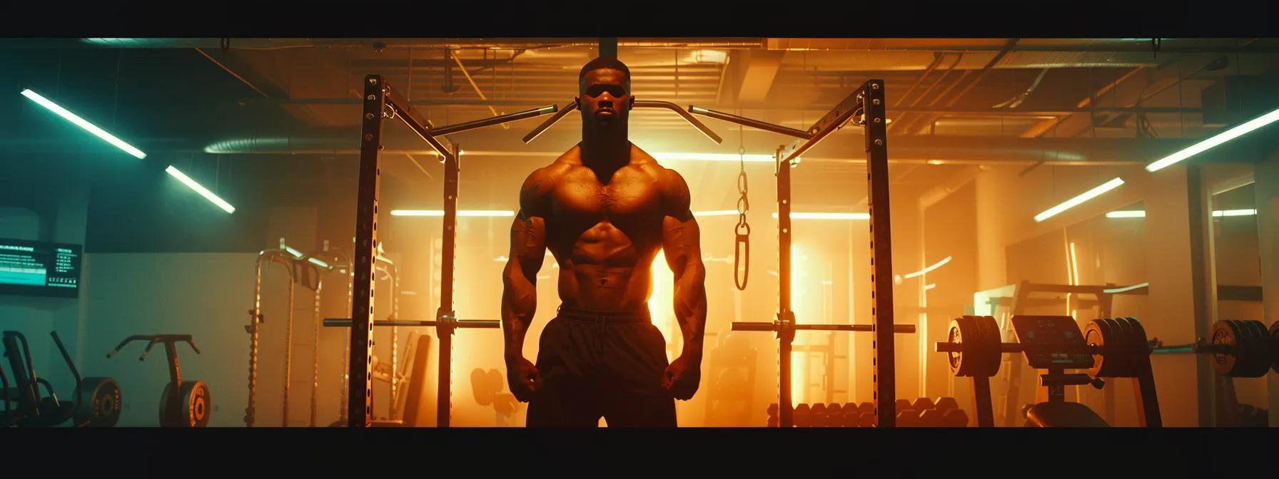 a muscular individual confidently showcases their toned physique in a modern gym, surrounded by high-tech fitness equipment, emphasizing the transformative power of ostarine mk-2866 for muscle growth and strength enhancement.