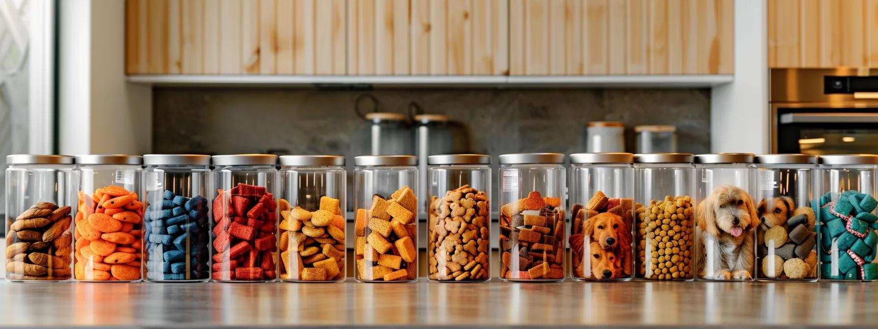 a neatly arranged modern kitchen displays a variety of colorful hypoallergenic dog treats in stylish containers, emphasizing their appealing simplicity and promoting a healthy alternative for managing pet allergies. a neatly arranged modern kitchen displays a variety of colorful hypoallergenic dog treats in stylish containers, emphasizing their appealing simplicity and promoting a healthy alternative for managing pet allergies.