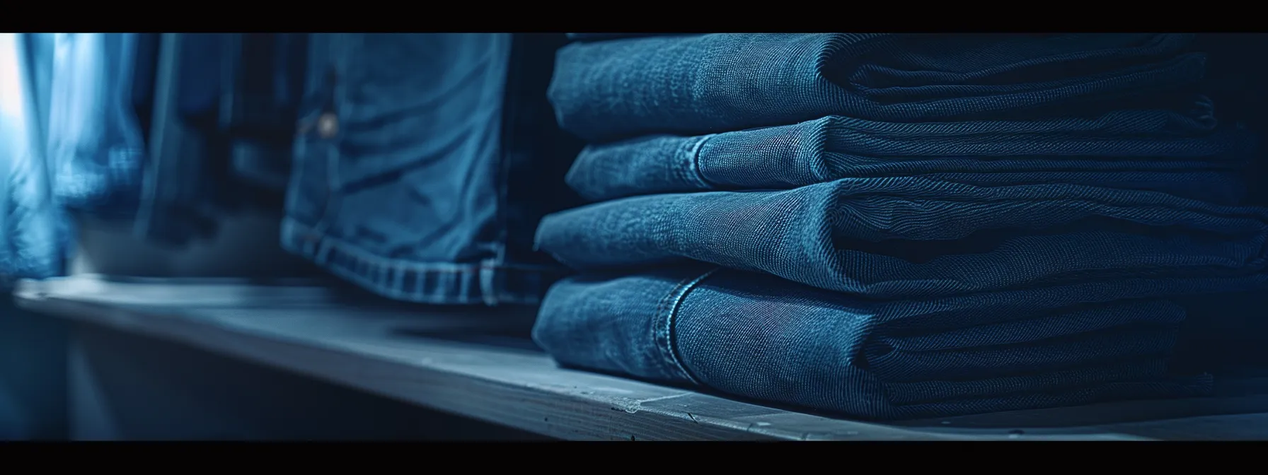 a neatly folded stack of perfectly pressed stacked jeans on a shelf, showcasing their crisp lines and immaculate appearance. a neatly folded stack of perfectly pressed stacked jeans on a shelf, showcasing their crisp lines and immaculate appearance.