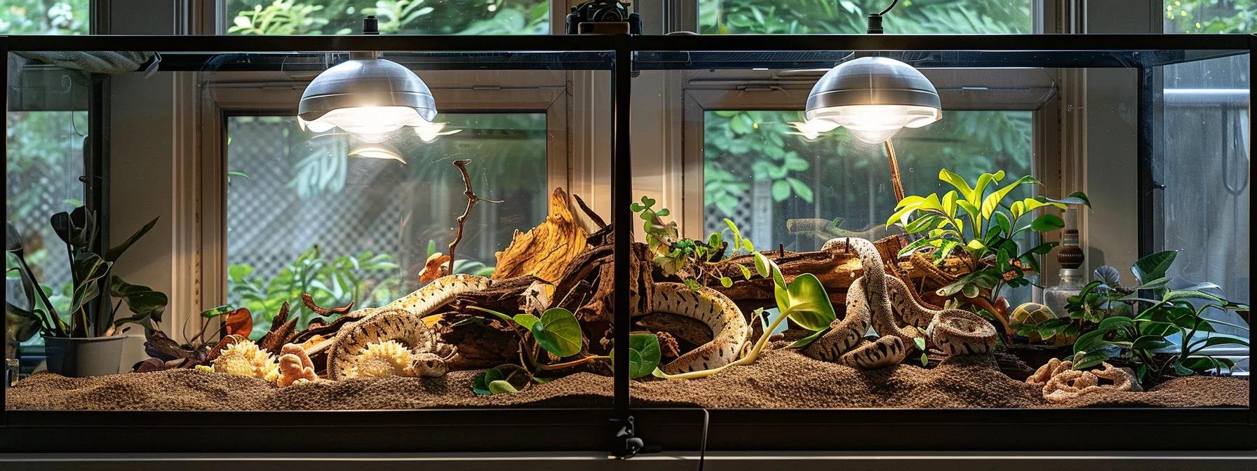 a neatly organized corn snake habitat is prominently displayed within a modern, well-lit indoor setting, showcasing an immaculate enclosure with carefully arranged substrate, camouflage decor, and discreet maintenance tools for optimal cleanliness and comfort. a neatly organized corn snake habitat is prominently displayed within a modern, well-lit indoor setting, showcasing an immaculate enclosure with carefully arranged substrate, camouflage decor, and discreet maintenance tools for optimal cleanliness and comfort.