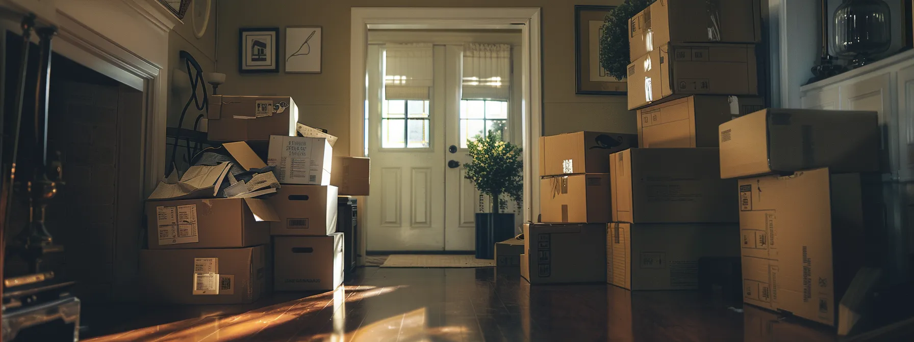 a neatly stacked pile of labeled moving boxes in a spacious, well-lit room. a neatly stacked pile of labeled moving boxes in a spacious, well-lit room.