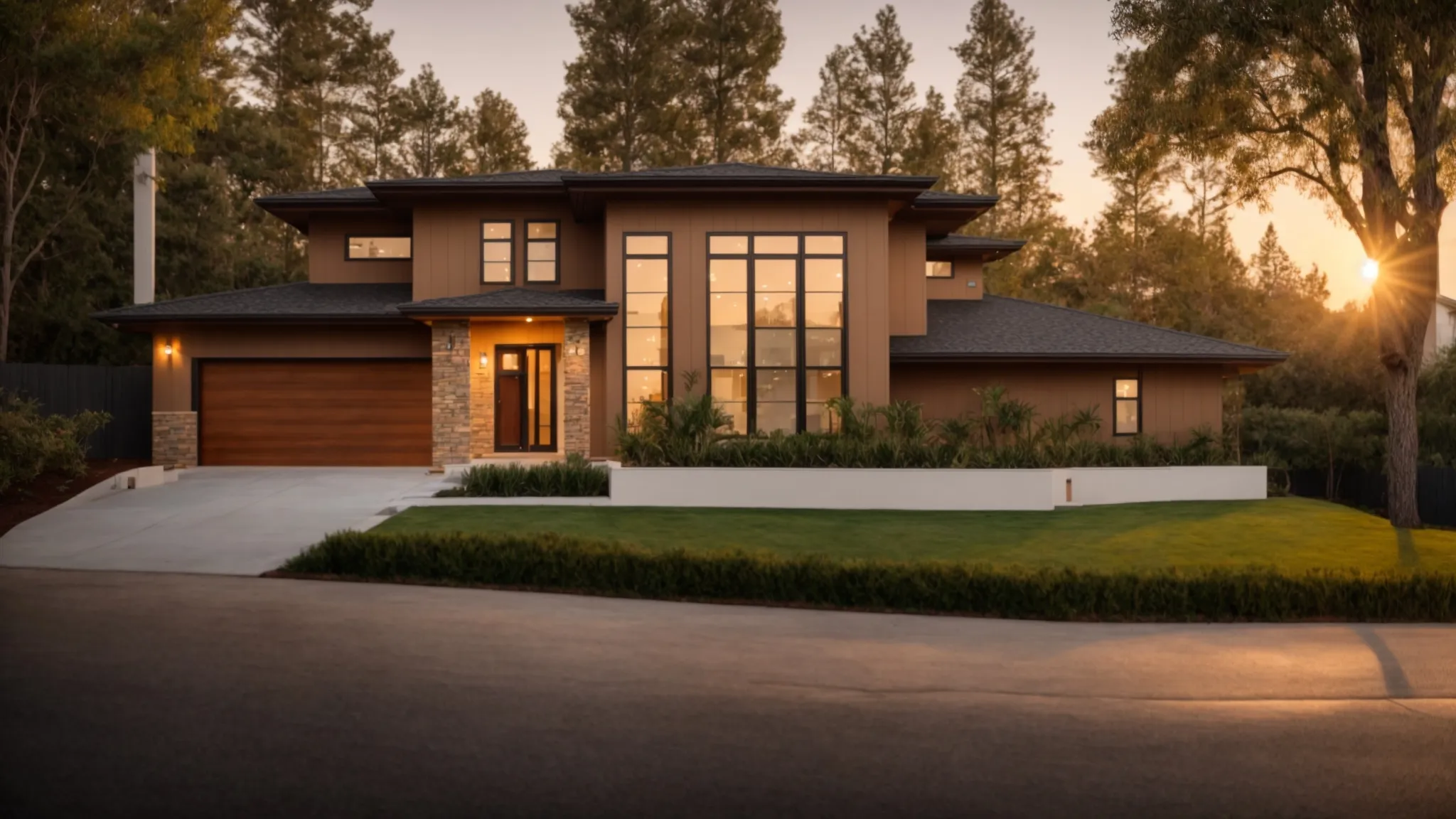 a newly constructed home stands proudly in the golden glow of sunset, showcasing freshly painted walls and manicured landscaping, symbolizing the seamless transition from construction to a warm and inviting living space. a newly constructed home stands proudly in the golden glow of sunset, showcasing freshly painted walls and manicured landscaping, symbolizing the seamless transition from construction to a warm and inviting living space.