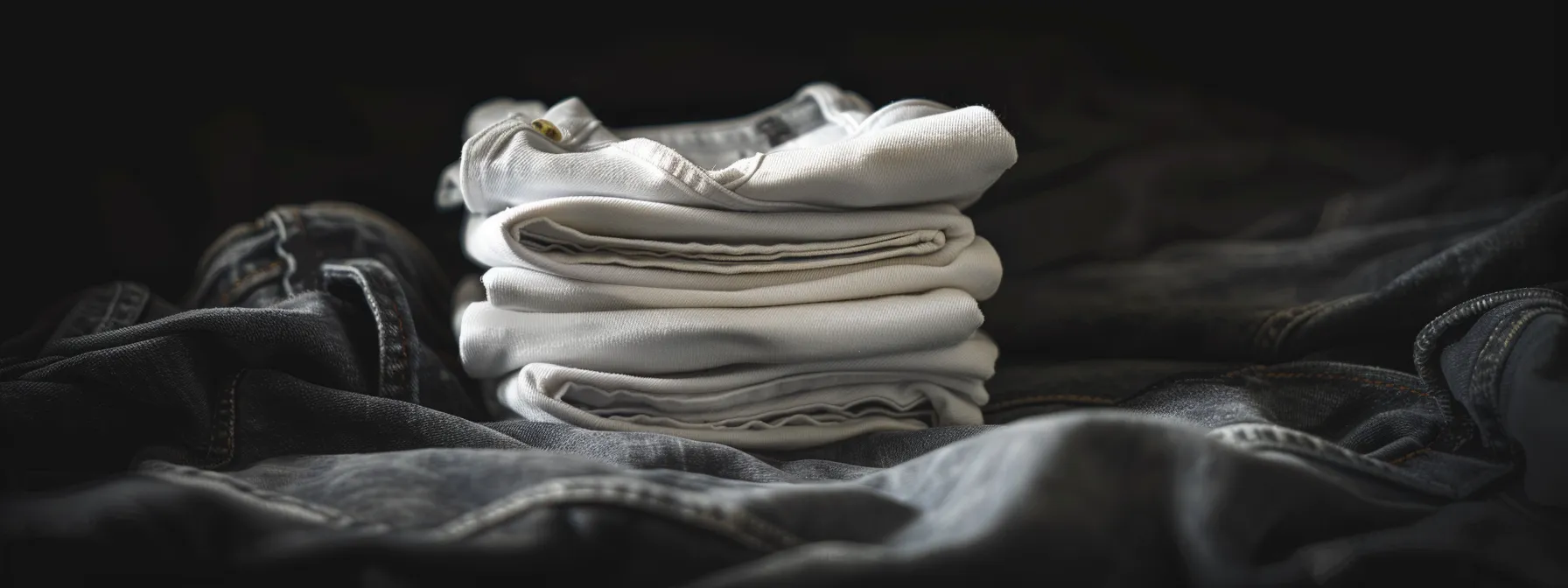 a pair of crisp white stacked jeans showcased against a dark backdrop, highlighting their sleek and versatile design. a pair of crisp white stacked jeans showcased against a dark backdrop, highlighting their sleek and versatile design.