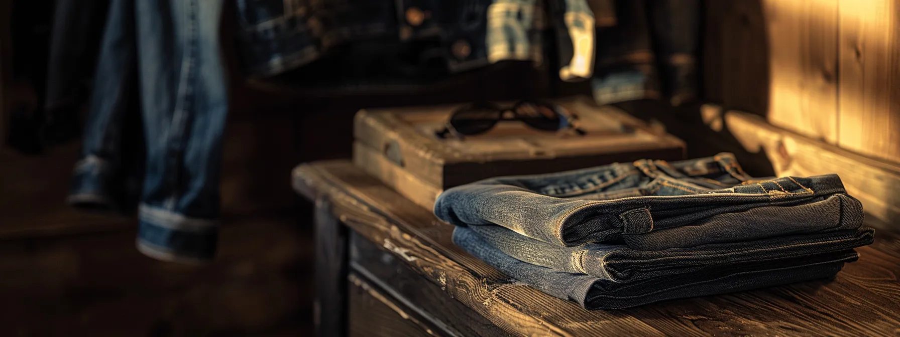 a pair of impeccably styled serenede jeans, expertly folded with care on a sleek wooden dresser under soft ambient lighting. a pair of impeccably styled serenede jeans, expertly folded with care on a sleek wooden dresser under soft ambient lighting.