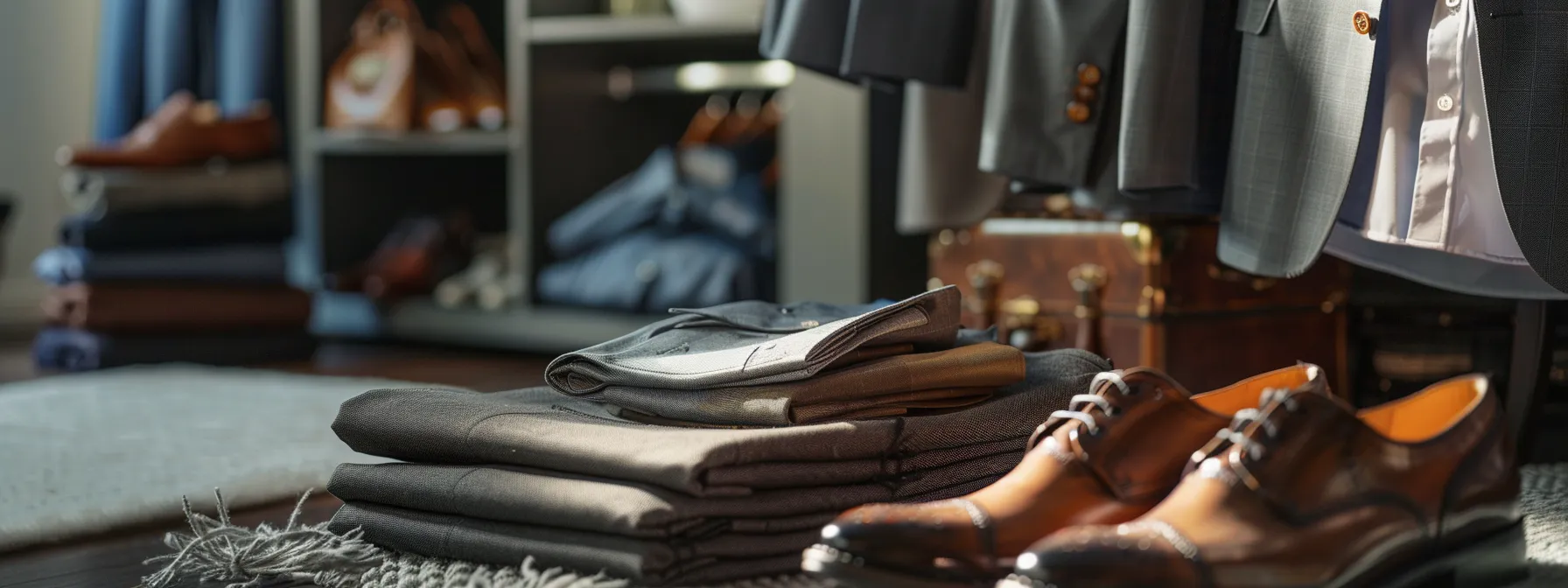 a pair of neatly folded stacked pants lying next to a crisp dress shirt and a sleek blazer, with stylish leather shoes and elegant accessories arranged nearby. a pair of neatly folded stacked pants lying next to a crisp dress shirt and a sleek blazer, with stylish leather shoes and elegant accessories arranged nearby.