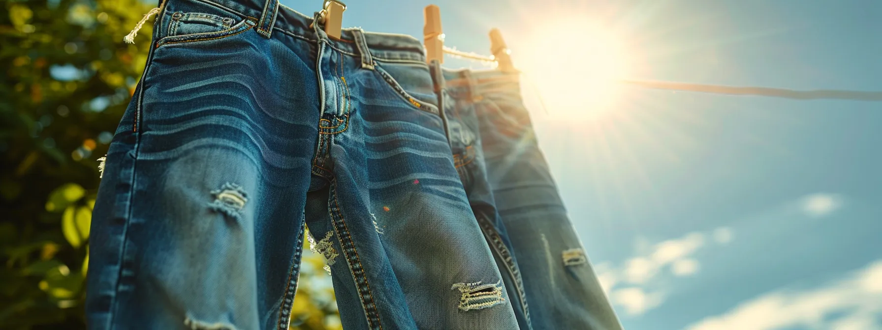 a pair of neatly stacked jeans hanging to dry on a sunny clothesline, showcasing their modern style and impeccable maintenance. a pair of neatly stacked jeans hanging to dry on a sunny clothesline, showcasing their modern style and impeccable maintenance.
