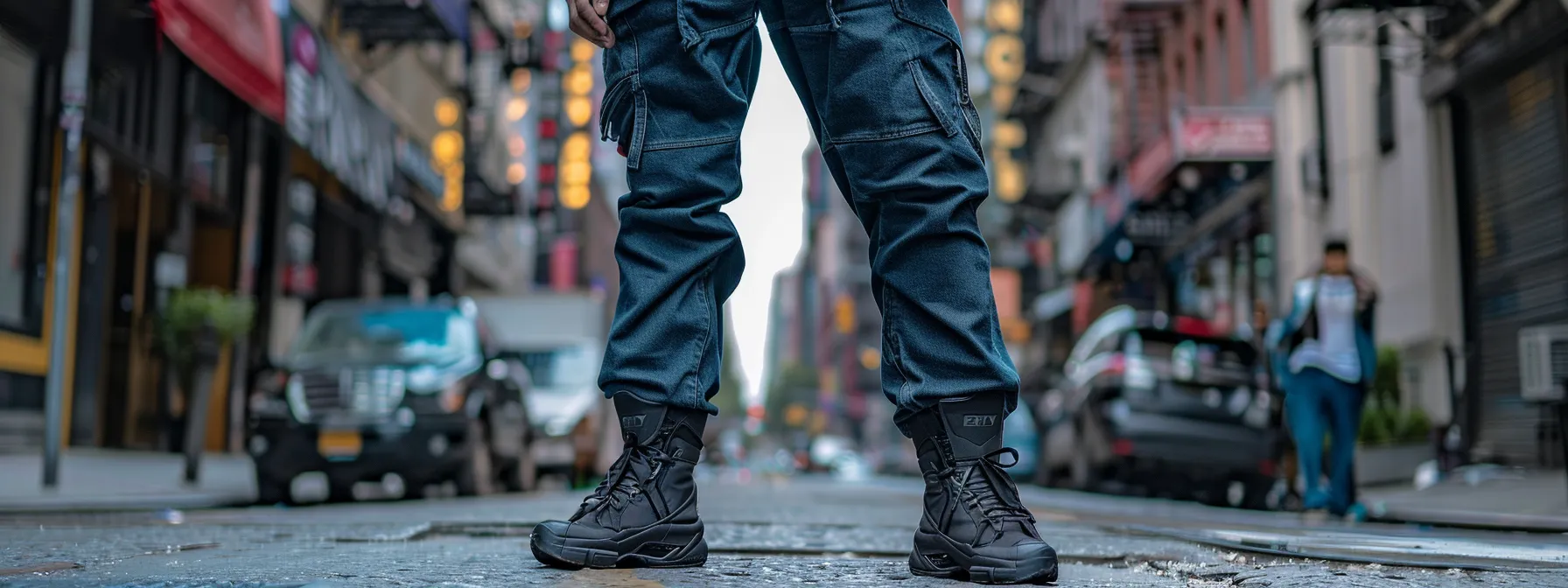a pair of serenede jeans showcasing a blend of leather accents and streetwear elements against a vibrant urban backdrop. a pair of serenede jeans showcasing a blend of leather accents and streetwear elements against a vibrant urban backdrop.