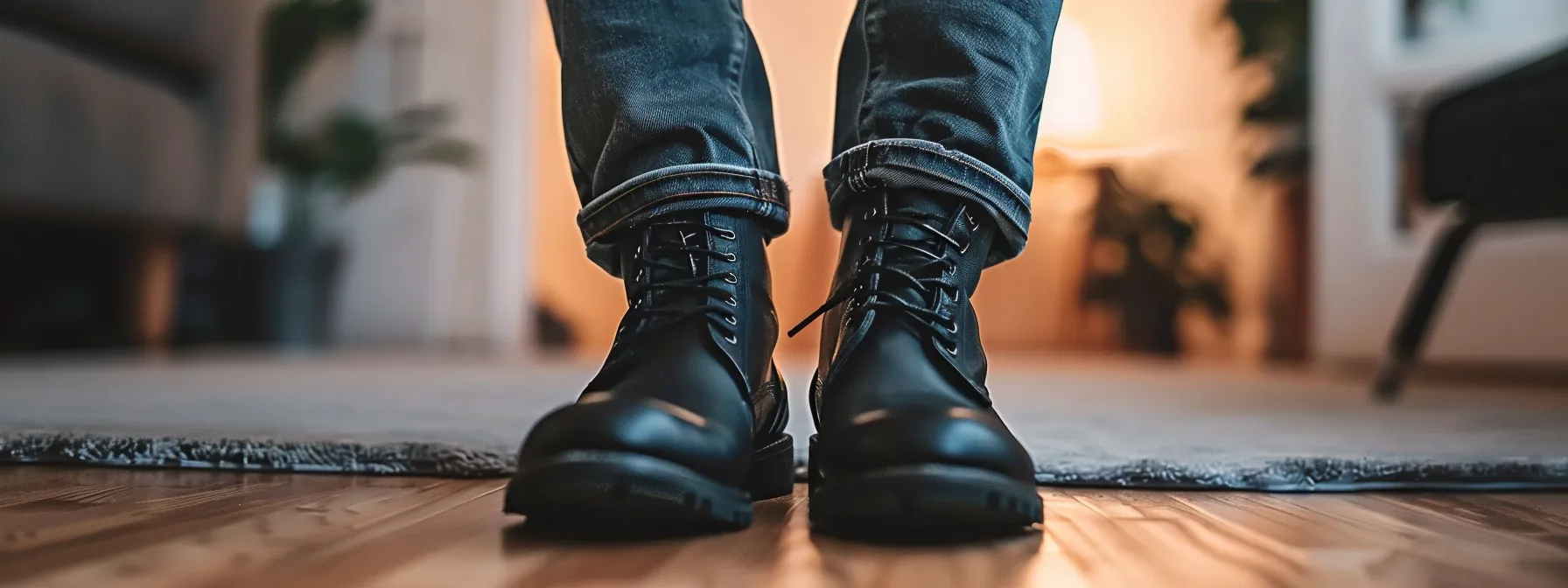 a pair of sleek black boots contrasting with a light wash of stacked jeans, creating a stylish and cohesive outfit look. a pair of sleek black boots contrasting with a light wash of stacked jeans, creating a stylish and cohesive outfit look.