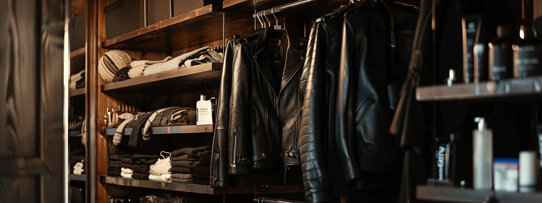 a pair of sleek black leather stacked pants hanging neatly in a wardrobe, surrounded by delicate care products and storage solutions. a pair of sleek black leather stacked pants hanging neatly in a wardrobe, surrounded by delicate care products and storage solutions.