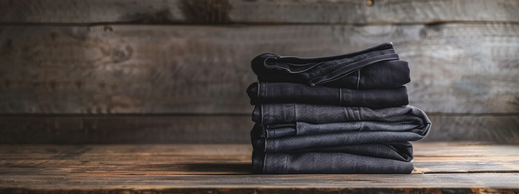 a pair of sleek black stacked jeans folded neatly on a minimalist wooden table, showcasing different fabric options and designer labels. a pair of sleek black stacked jeans folded neatly on a minimalist wooden table, showcasing different fabric options and designer labels.