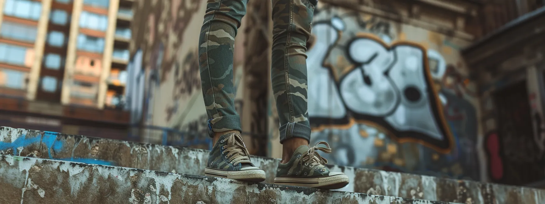 a pair of sleek skinny camo jeans being styled with trendy sneakers against a gritty urban backdrop, showcasing their versatile appeal in modern fashion. a pair of sleek skinny camo jeans being styled with trendy sneakers against a gritty urban backdrop, showcasing their versatile appeal in modern fashion.