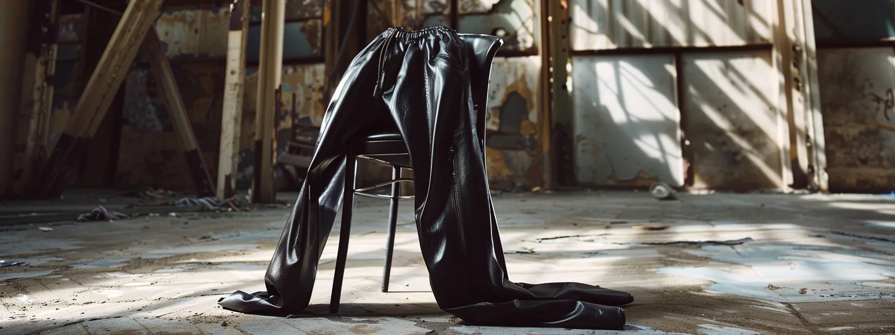 a pair of sleek, stacked leather pants draped elegantly over a minimalist industrial-style chair, showcasing their edgy and modern appeal in men's fashion. a pair of sleek, stacked leather pants draped elegantly over a minimalist industrial-style chair, showcasing their edgy and modern appeal in men's fashion.
