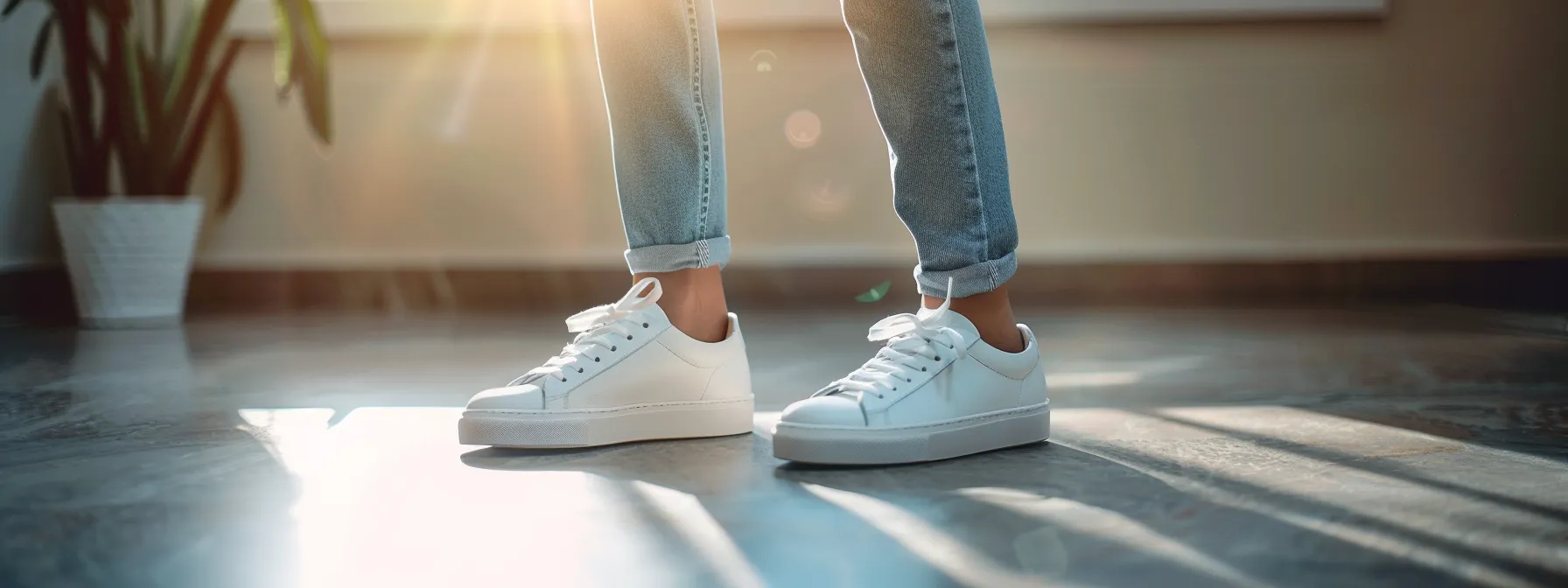 a pair of sleek white sneakers perfectly complementing a pair of stacked jeans, creating a chic and effortless look. a pair of sleek white sneakers perfectly complementing a pair of stacked jeans, creating a chic and effortless look.
