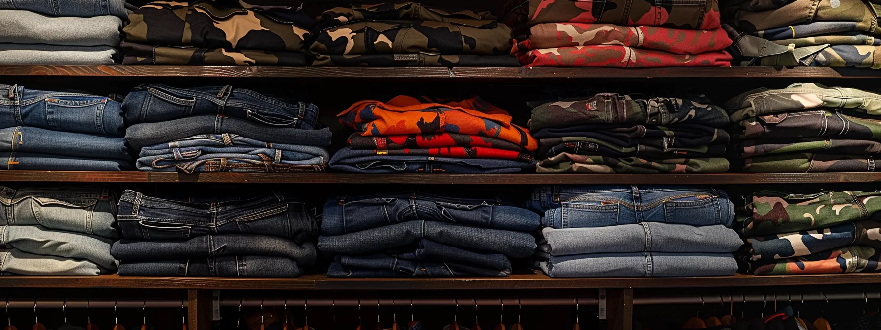 a pair of vibrant camo stacked jeans expertly folded and stored in a neatly organized closet, showcasing proper care and maintenance techniques. a pair of vibrant camo stacked jeans expertly folded and stored in a neatly organized closet, showcasing proper care and maintenance techniques.