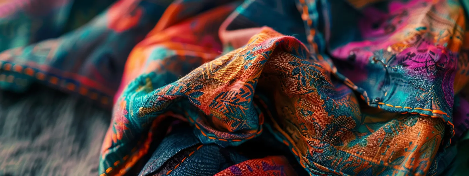 a pair of vibrant, multi-colored scarves elegantly draped over a pair of perfectly accessorized camouflage jeans. a pair of vibrant, multi-colored scarves elegantly draped over a pair of perfectly accessorized camouflage jeans.