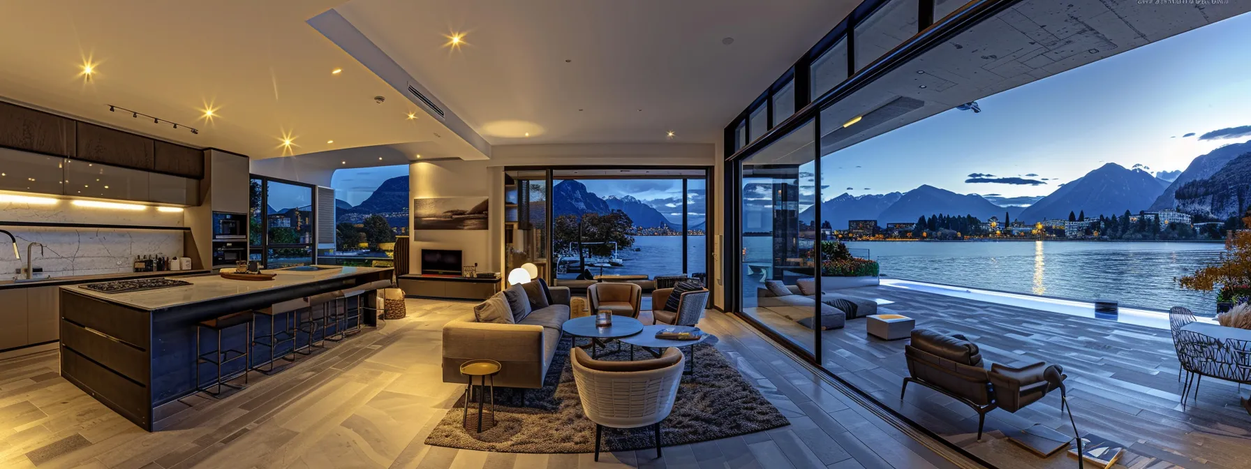 a panoramic view of a modern waterfront property with stunning mountain views, featuring a spacious garage and luxurious bathroom upgrades. a panoramic view of a modern waterfront property with stunning mountain views, featuring a spacious garage and luxurious bathroom upgrades.