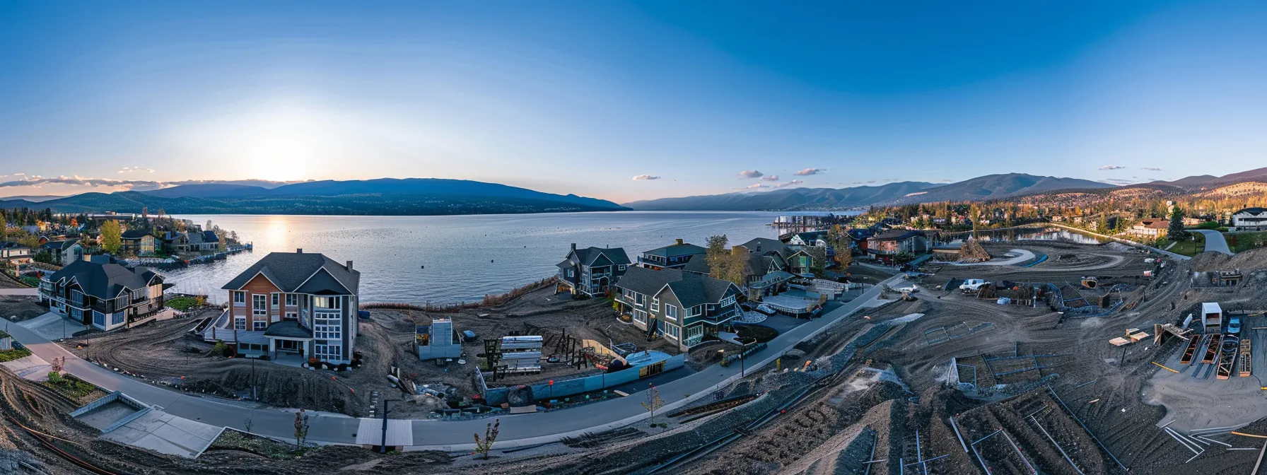 a panoramic view of lake country's picturesque waterfront properties, bustling commercial developments, and serene rental landscapes under a clear sky, capturing the diverse real estate market forecast for the region. a panoramic view of lake country's picturesque waterfront properties, bustling commercial developments, and serene rental landscapes under a clear sky, capturing the diverse real estate market forecast for the region.