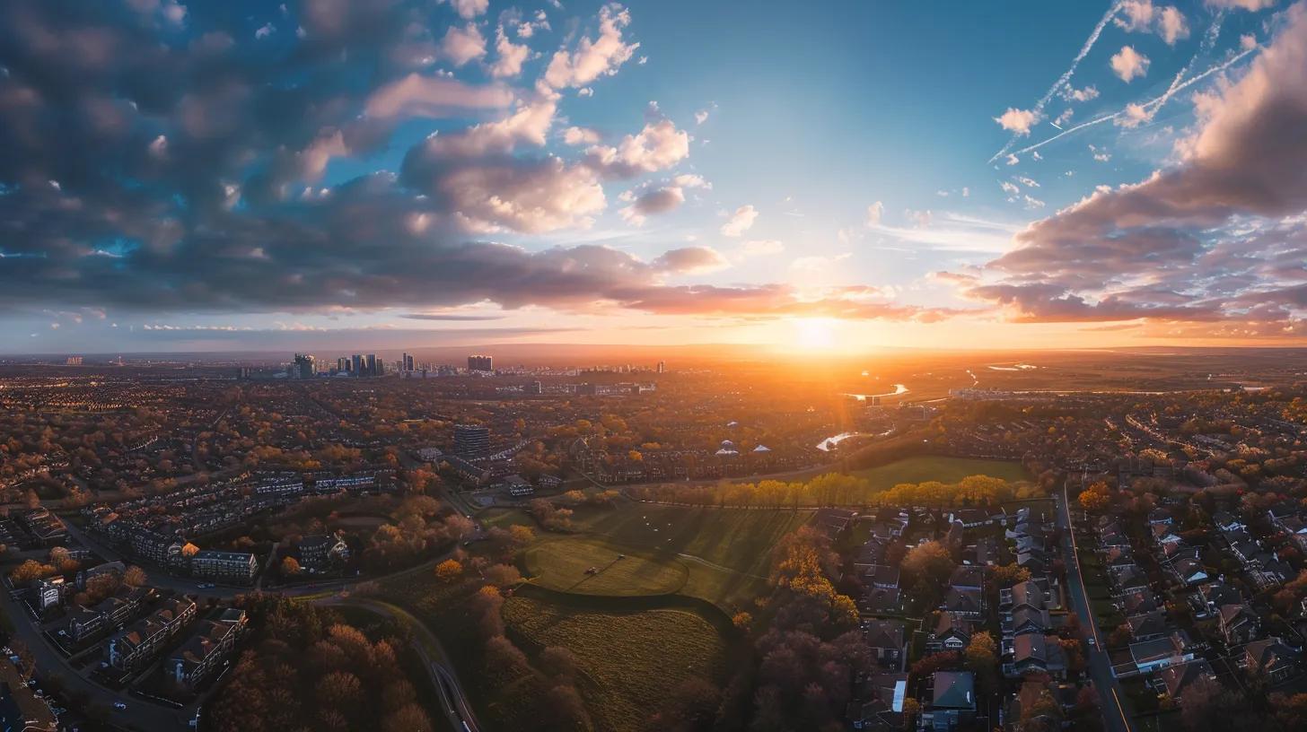 a panoramic view showcasing contrasting landscapes of urban and rural communities, highlighting a bustling city skyline on one side and serene, expansive countryside on the other, under a vibrant sunset that casts warm hues across the scene. a panoramic view showcasing contrasting landscapes of urban and rural communities, highlighting a bustling city skyline on one side and serene, expansive countryside on the other, under a vibrant sunset that casts warm hues across the scene.