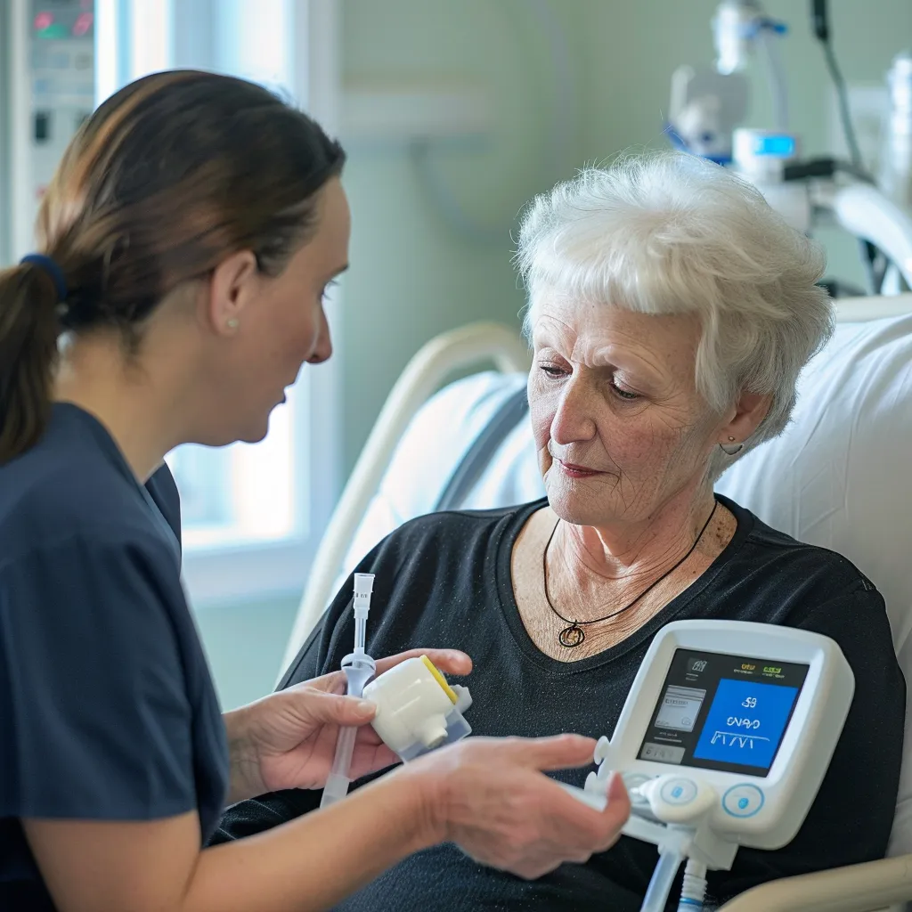A healthcare professional assisting a patient with oxygen therapy equipment while discussing financial support options.