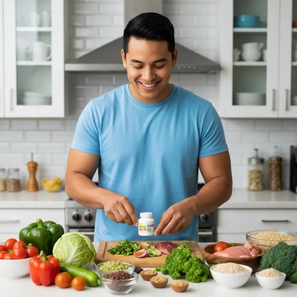 A person contemplating dietary supplements while preparing a healthy meal with fresh produce