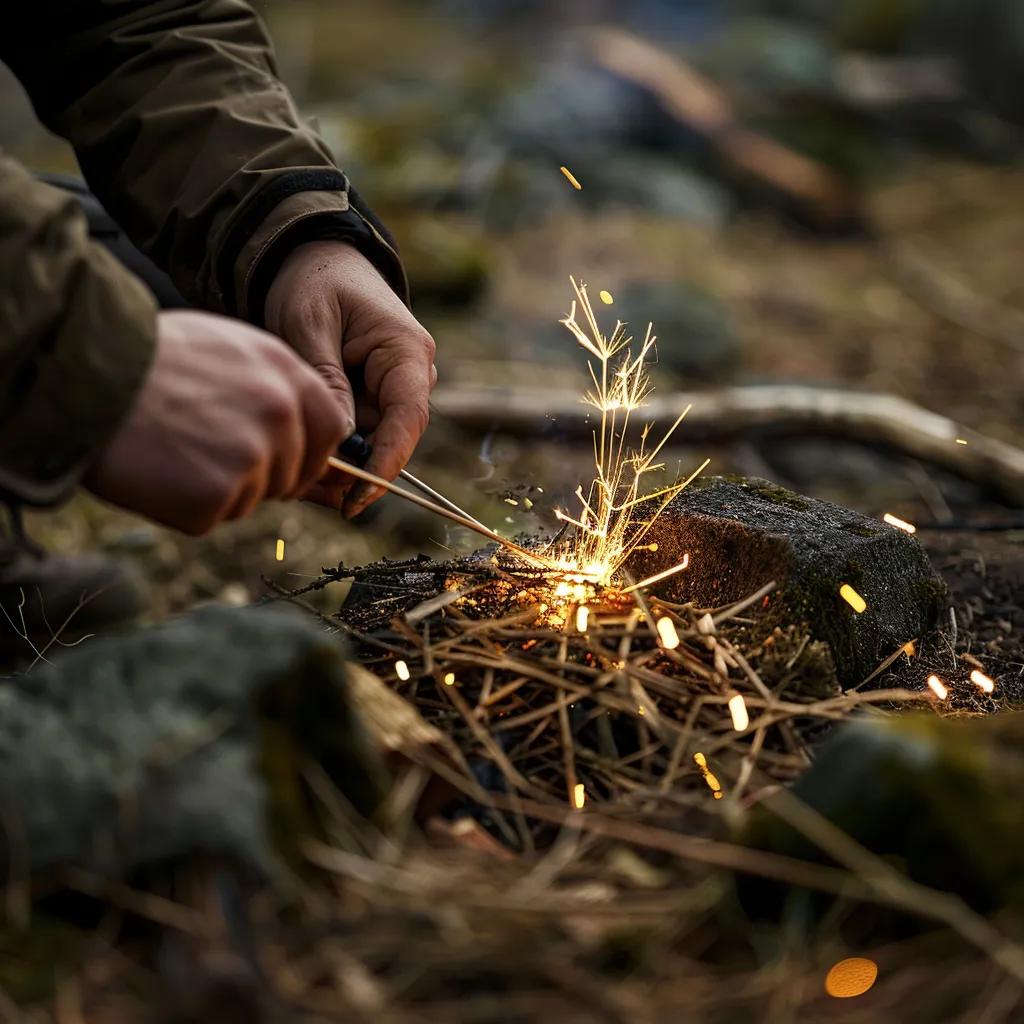 Demonstration of using a ferro rod to start a fire in an outdoor setting