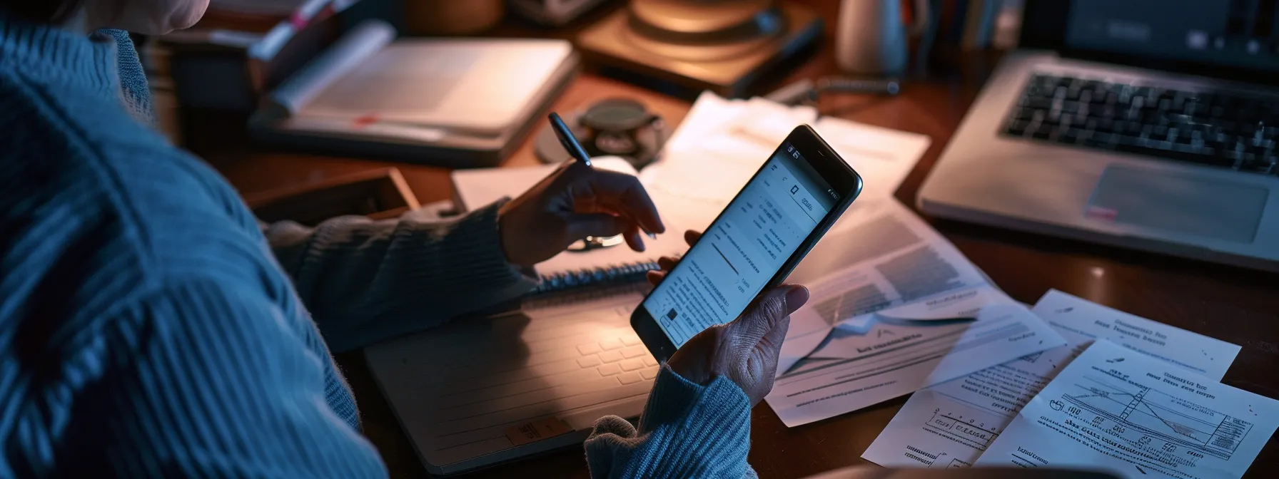 a person holding a phone, dialing a number to schedule a consultation with a lawyer, surrounded by legal documents and a laptop. a person holding a phone, dialing a number to schedule a consultation with a lawyer, surrounded by legal documents and a laptop.