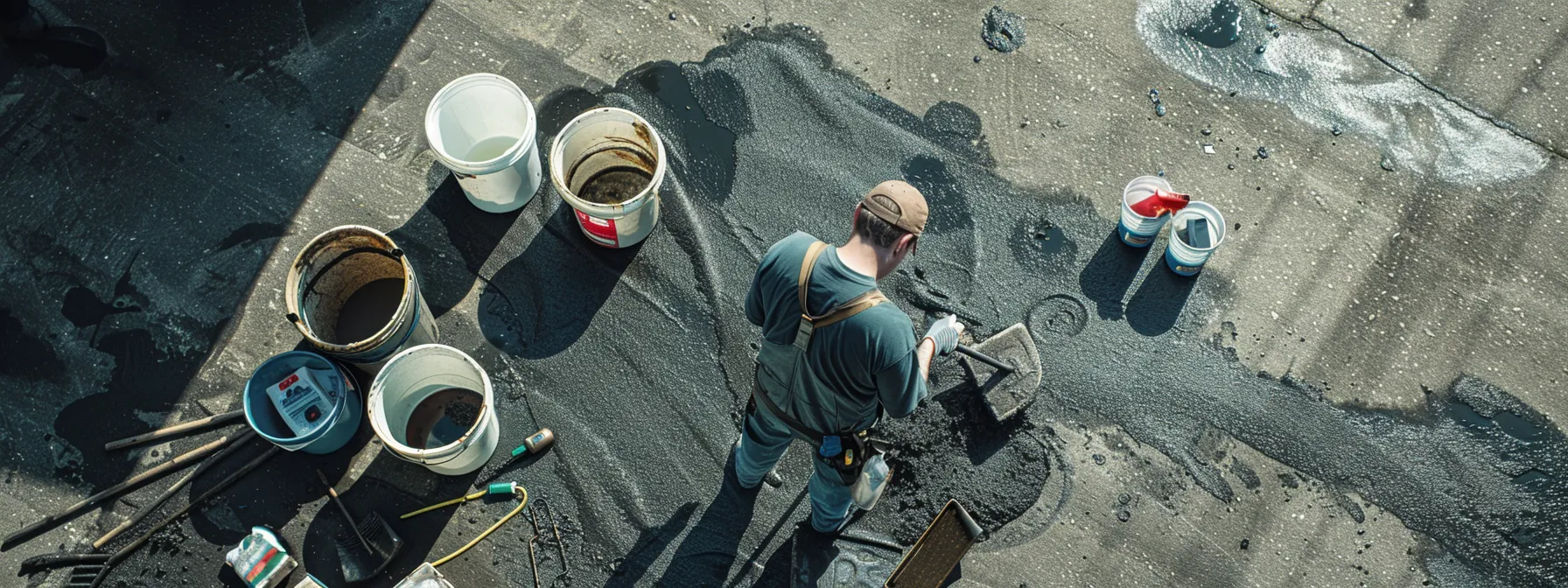 a person meticulously inspecting a smooth, clean asphalt surface, surrounded by buckets of sealcoating products and repair tools. a person meticulously inspecting a smooth, clean asphalt surface, surrounded by buckets of sealcoating products and repair tools.
