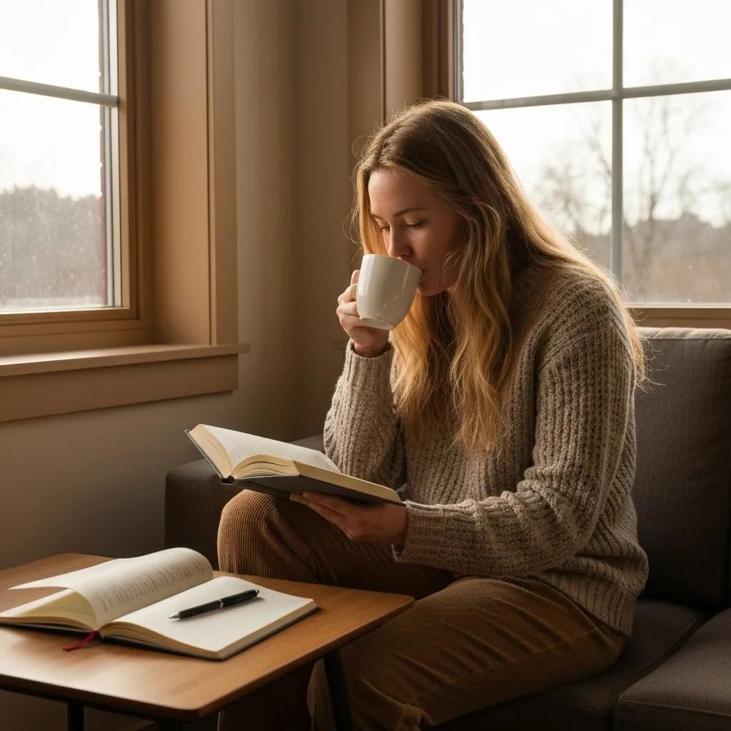 A person reading a book with a cup of coffee, illustrating the cognitive benefits of coffee consumption