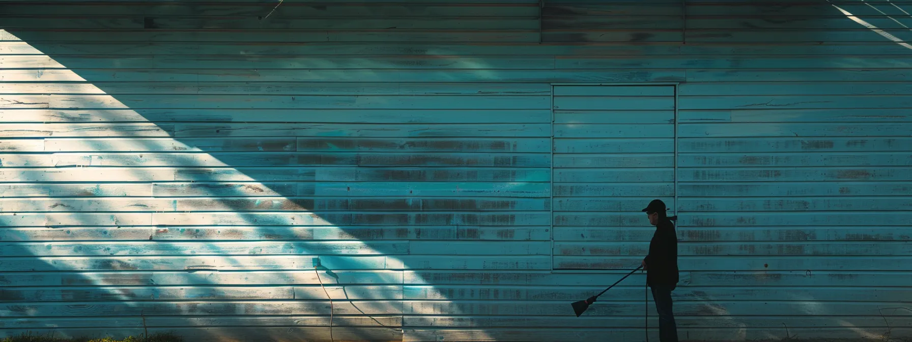 a person standing at a safe distance, evenly applying cleaning solution to vinyl siding with a pressure washer. a person standing at a safe distance, evenly applying cleaning solution to vinyl siding with a pressure washer.