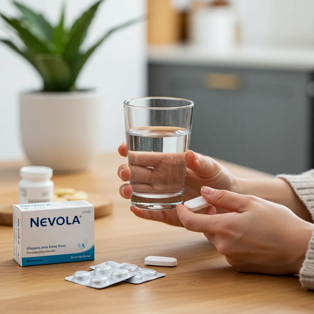 A person calmly taking Nevola medication with a glass of water in a serene kitchen environment, emphasizing safe and responsible usage